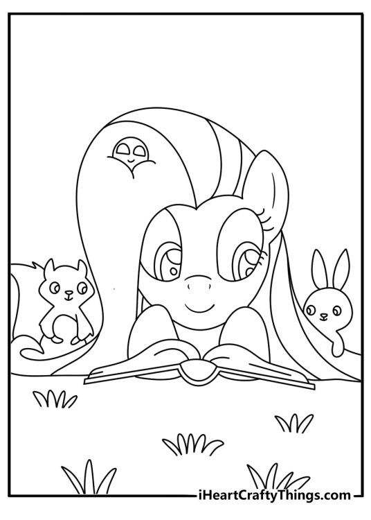 Free Fluttershy coloring page with Fluttershy reading a story to baby animals