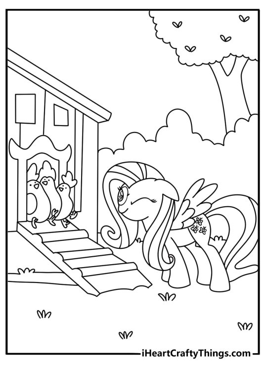 Free Fluttershy coloring pages printable with Fluttershy near a chicken coop