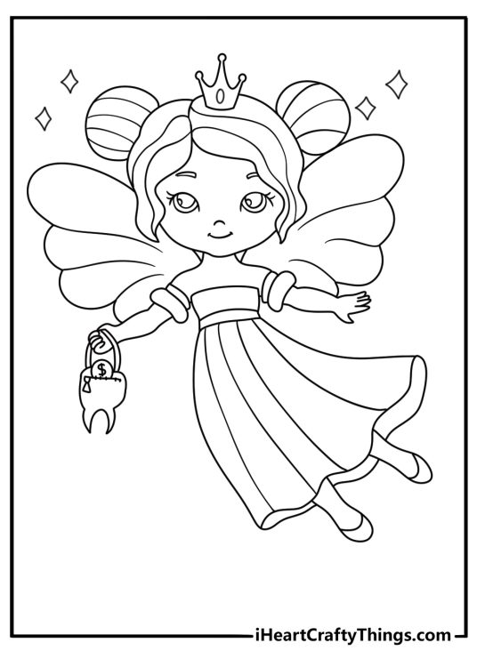 Free Tooth Fairy coloring page with a fairy carrying a coin purse