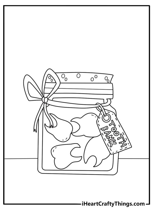 Free Tooth Fairy coloring pages printable with a tooth jar and ribbon label