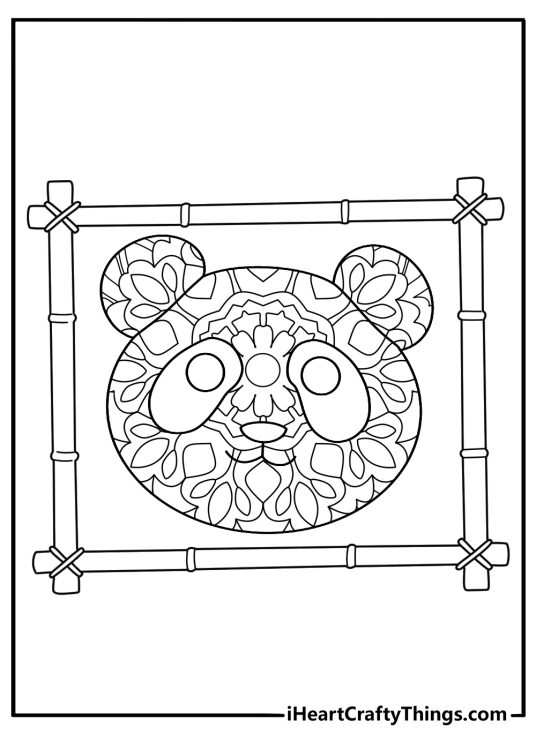 Free animal mandala coloring printable with a panda face and bamboo shapes