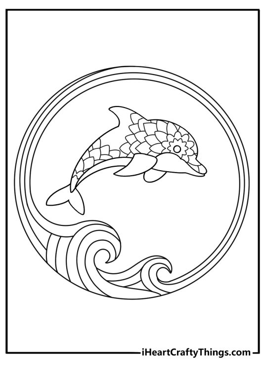 Free animal mandala printable of a dolphin inside ocean wave shapes