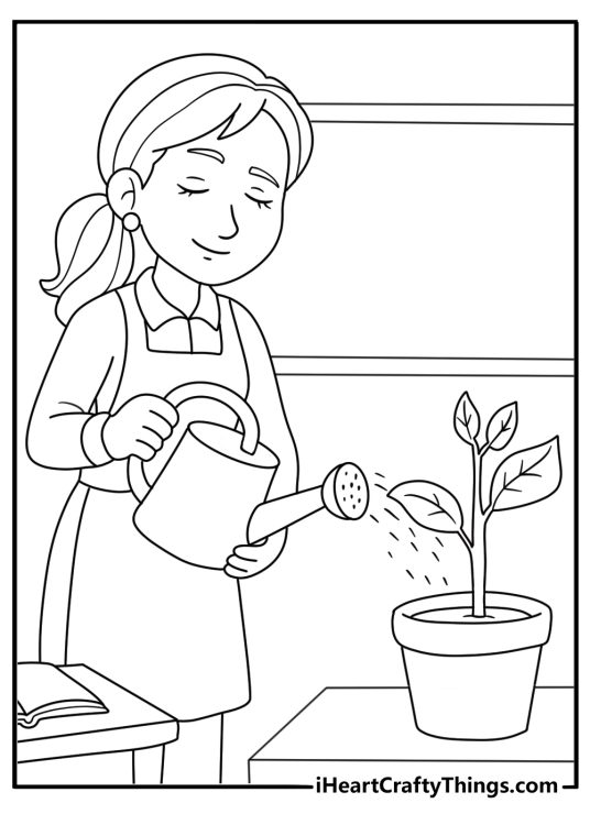 Free coloring page showing a teacher watering the classroom plant
