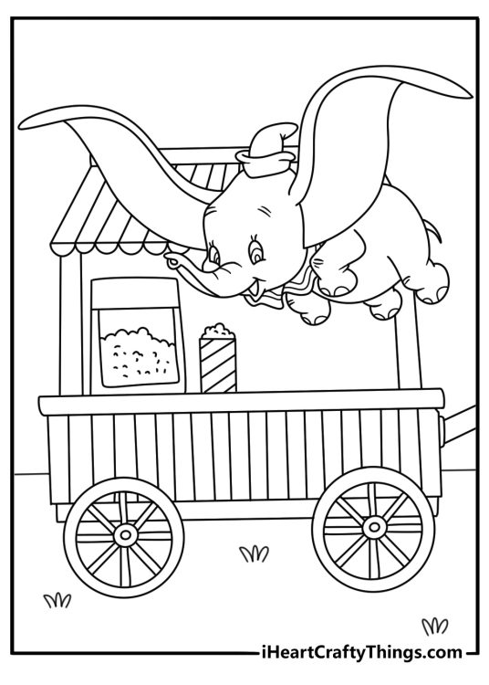 Free printable Dumbo coloring sheet with Dumbo beside a popcorn cart
