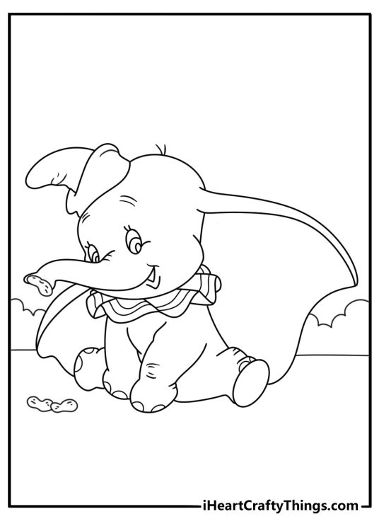 Free printable Dumbo coloring sheet with Dumbo holding a small pennant in his trunk