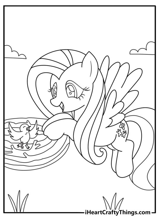 Free printable Fluttershy coloring sheet with Fluttershy holding a tiny bird nest