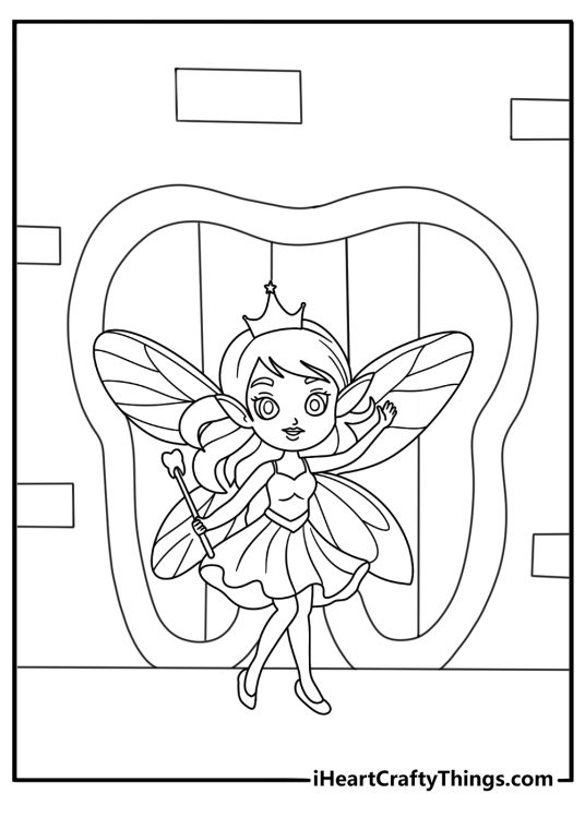 Free printable Tooth Fairy coloring sheet with a fairy beside a tooth shaped door