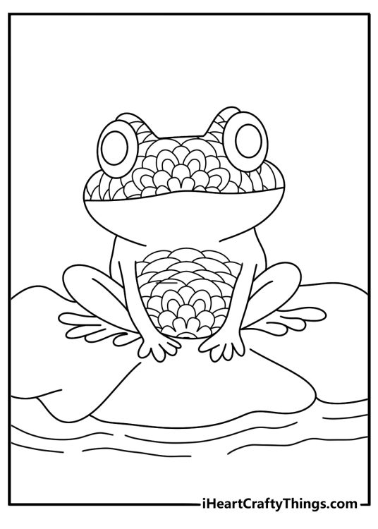 Free printable animal mandala coloring sheet with a frog inside pond rings