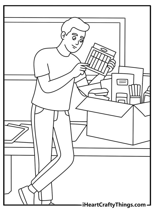 Free printable school sheet featuring a teacher packing supplies into storage bins