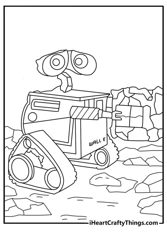 Free robot coloring sheet showing Wall E using his trash compactor