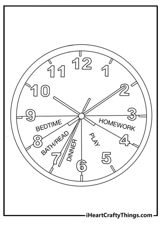 Free teacher coloring sheet featuring a classroom clock and daily schedule