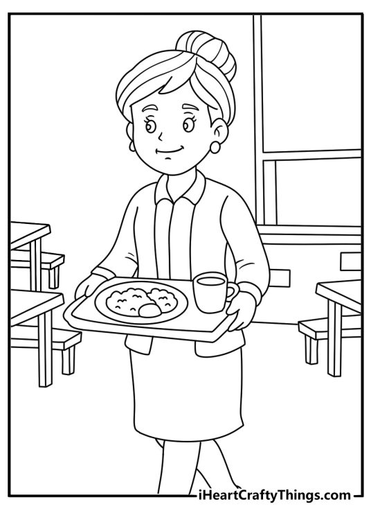Free teacher printable showing a teacher carrying a lunch tray in the cafeteria