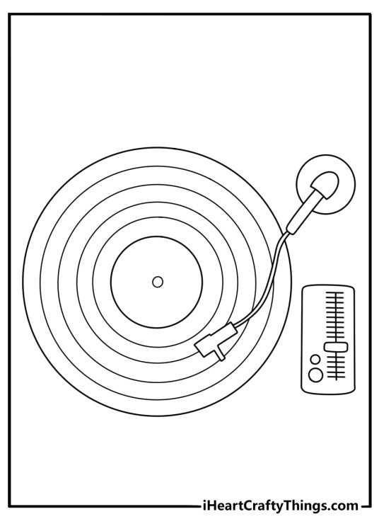Free vintage coloring sheet with a record player and vinyl records