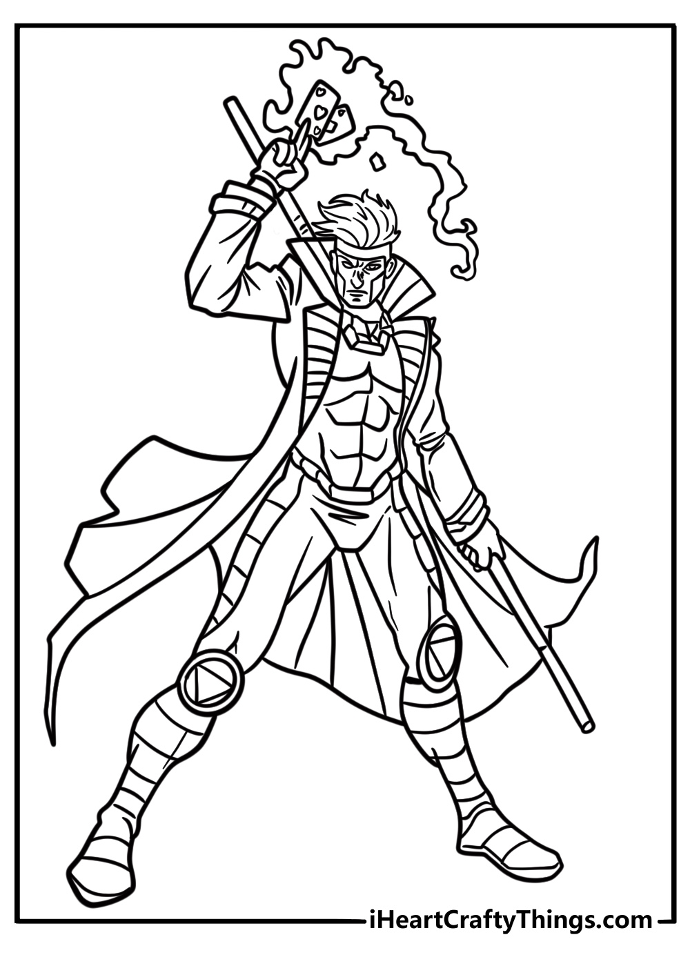 Gambit throwing glowing playing cards detailed coloring sheet