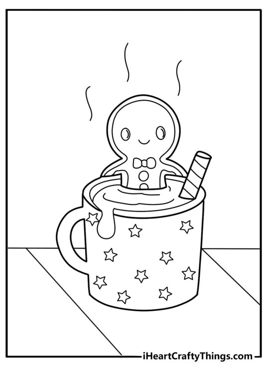 Gingerbread man dipping into hot cocoa kawaii coloring page