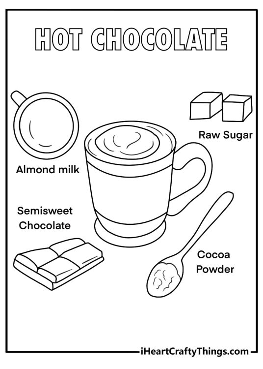 Hot chocolate recipe card with simple ingredients coloring page pdf
