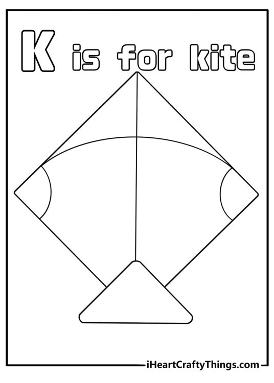 K is for kite coloring page with big letter and small kite beside it