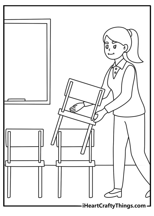 Kids can color a teacher arranging chairs before school starts