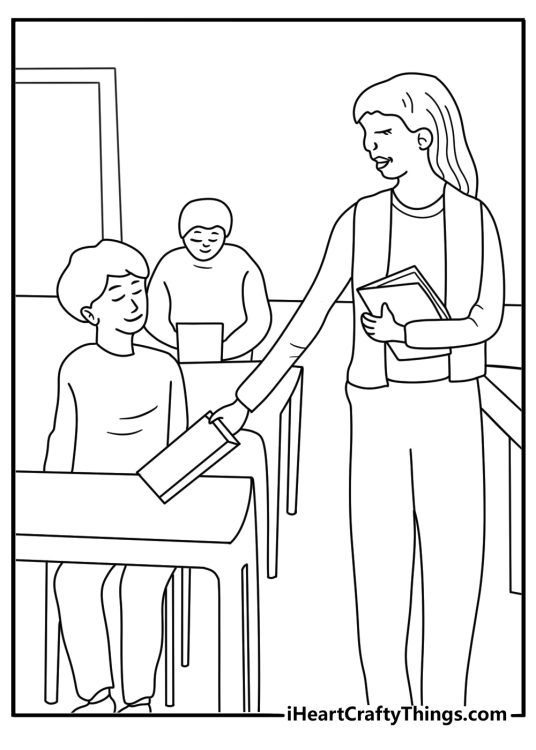 Kids can color a teacher setting books on student desks