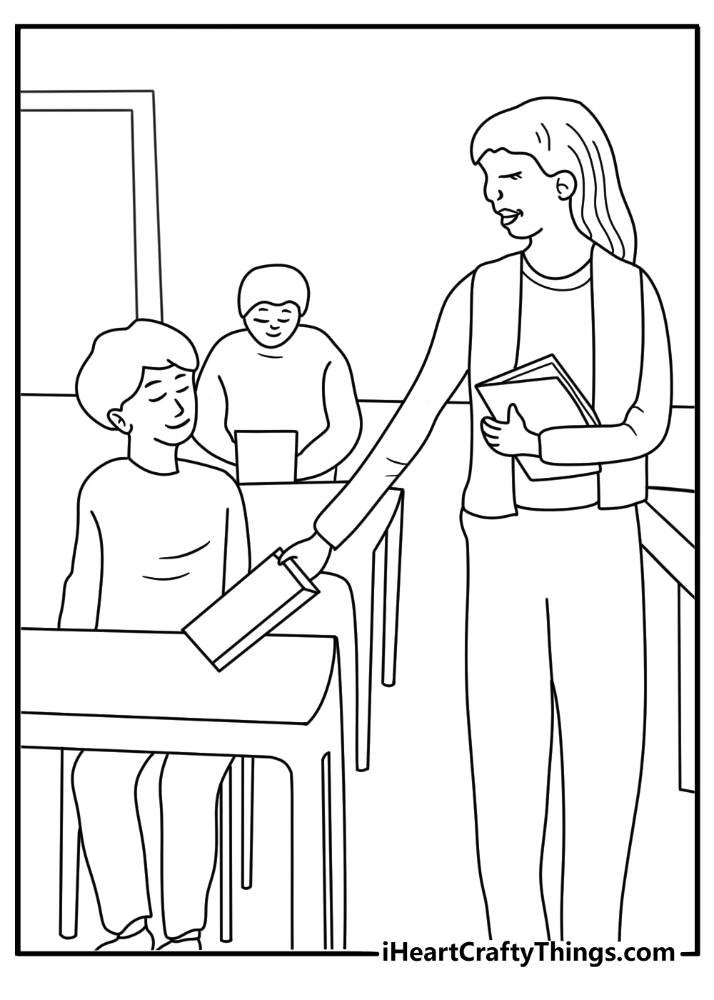 Kids can color a teacher setting books on student desks