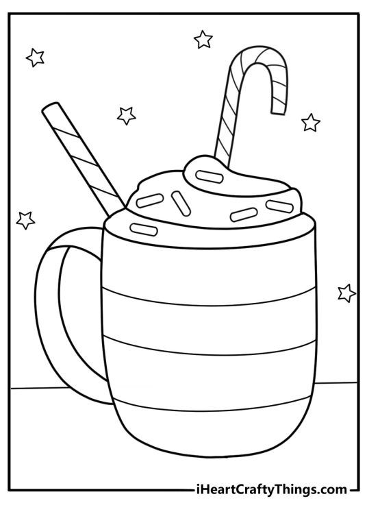 Peppermint hot chocolate with candy cane detailed printable for kids