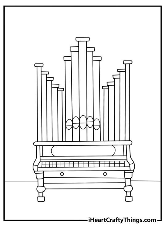 Pipe organ with tall pipes in choir loft detailed church coloring sheet