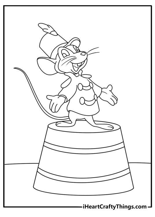 Printable Dumbo coloring page with Timothy Mouse standing on a drum