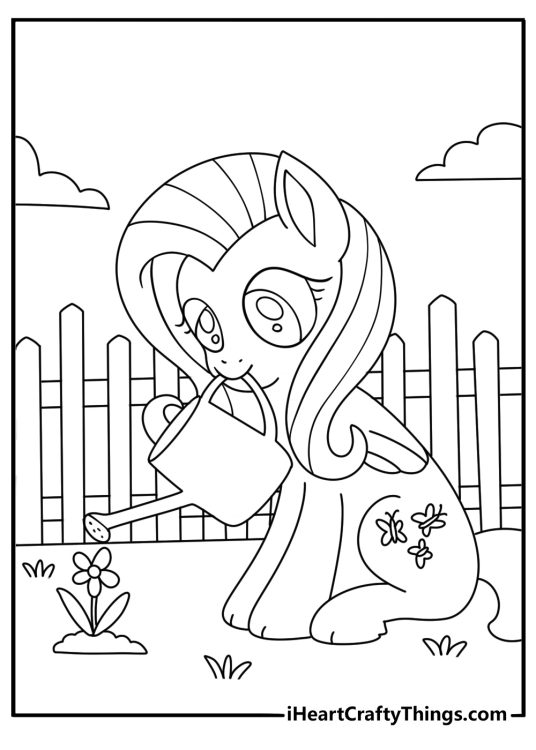 Printable Fluttershy coloring page with Fluttershy planting flowers near her cottage