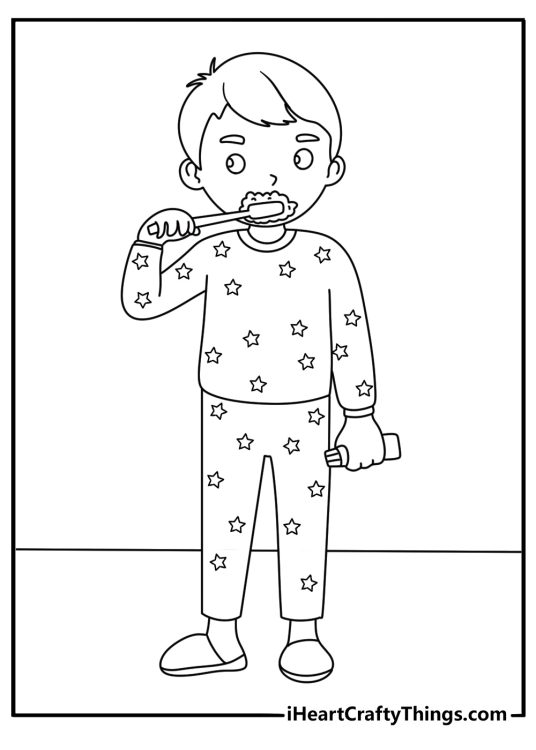 Printable Tooth Fairy coloring page with a child brushing teeth before bed