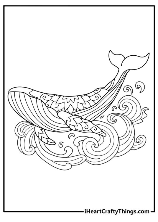 Printable animal mandala coloring page with a whale surrounded by water swirls