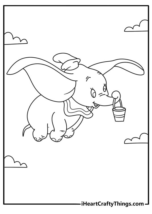 Printable coloring page of Dumbo carrying a bucket with his trunk