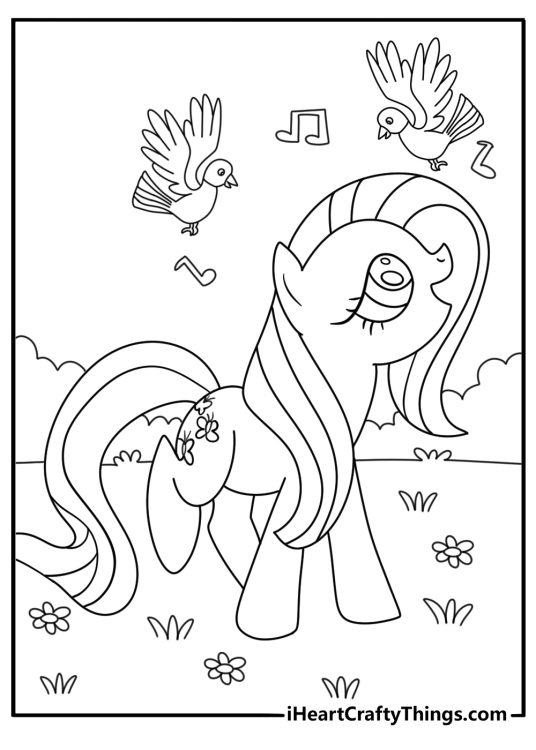 Printable coloring page of Fluttershy singing softly to forest birds