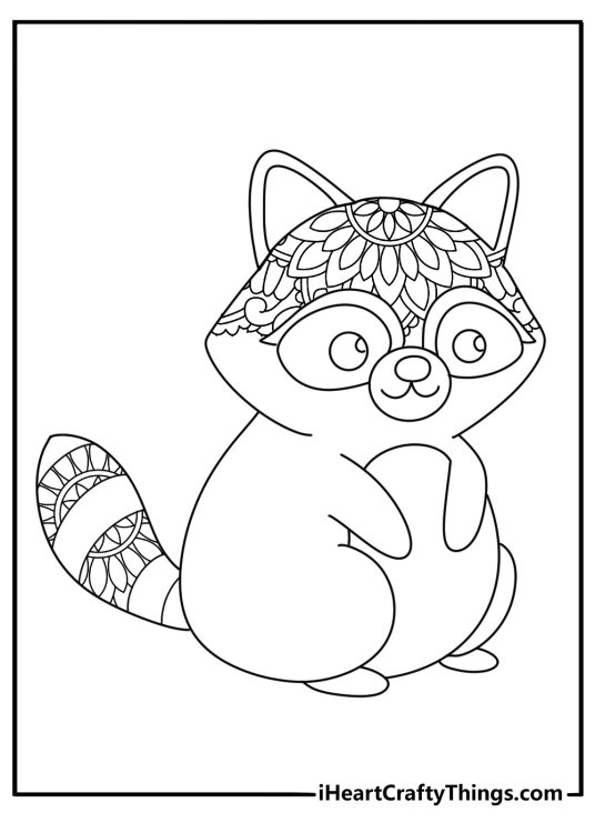 Printable coloring page of a raccoon mandala with mask and tail patterns