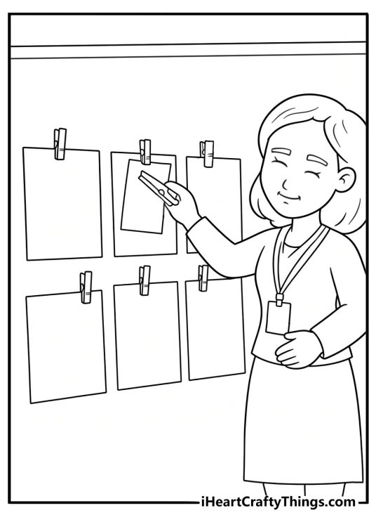 Printable coloring page showing a teacher pinning student work to a display board