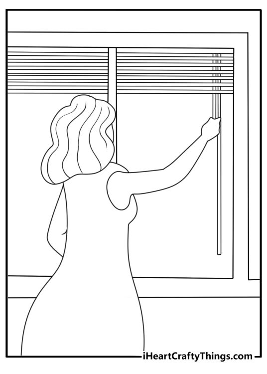Printable school coloring sheet featuring a teacher opening classroom blinds