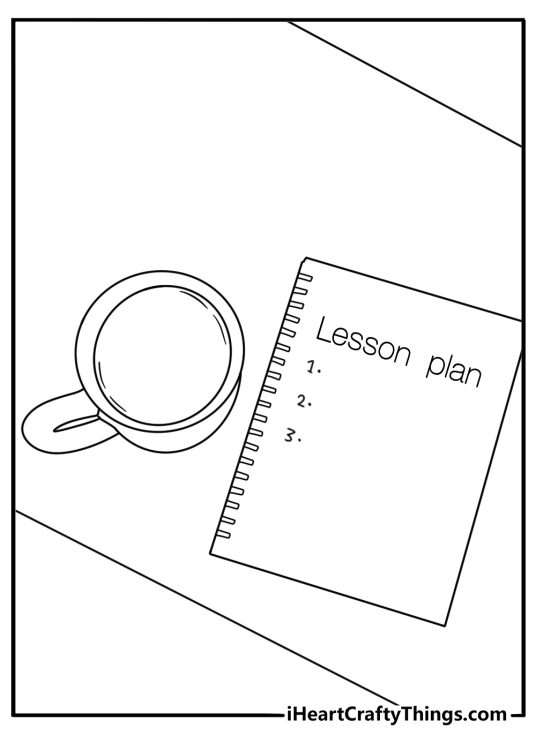 Printable teacher coloring page featuring a lesson plan beside a coffee mug