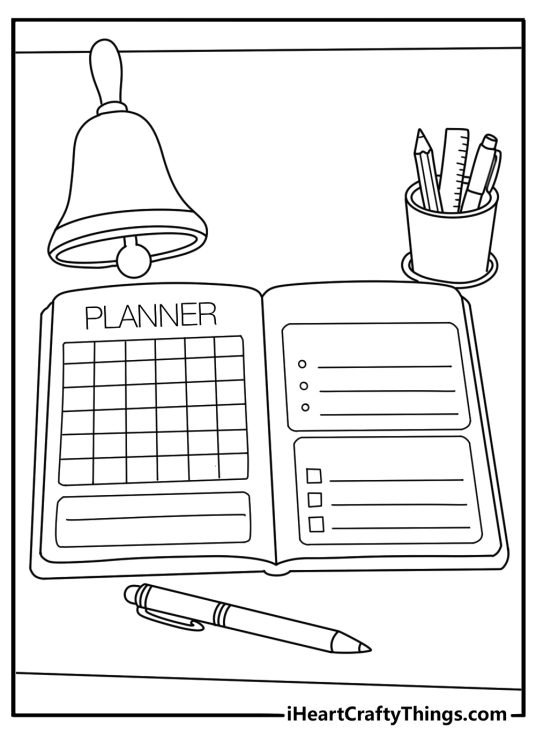 Printable teacher coloring sheet with a classroom bell beside a planner