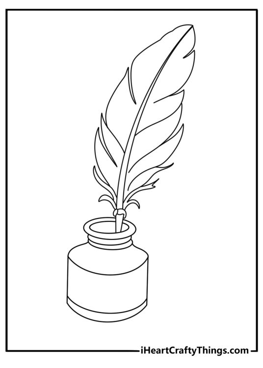 Printable vintage coloring page of a feather pen and ink bottle