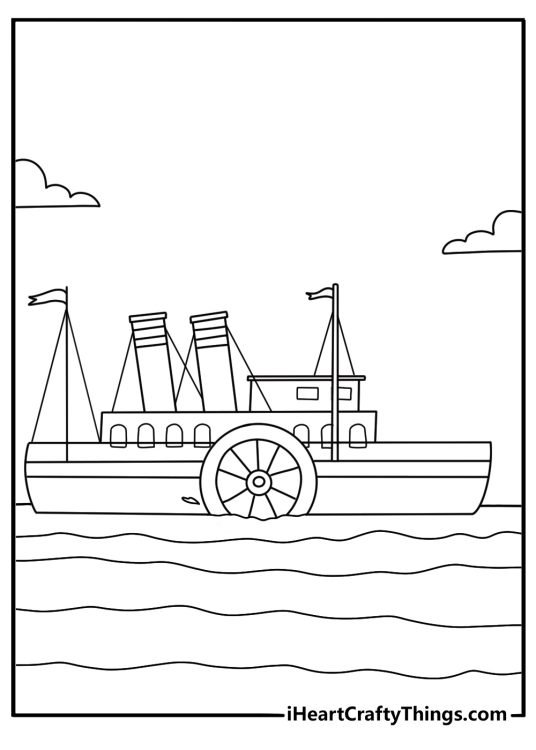 Printable vintage coloring page of a steamship on gentle waves