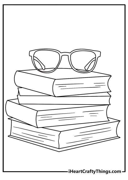 Printable vintage coloring sheet with an old book stack and reading glasses