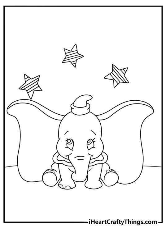 Simple Dumbo coloring sheet with Dumbo ears and circus stars