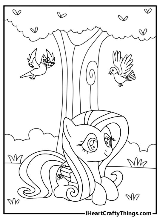 Simple Fluttershy coloring sheet with Fluttershy resting under a tree with birds above