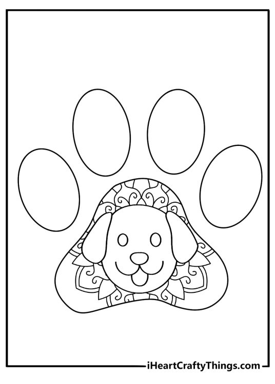 Simple animal mandala coloring sheet with a puppy face and paw print shapes