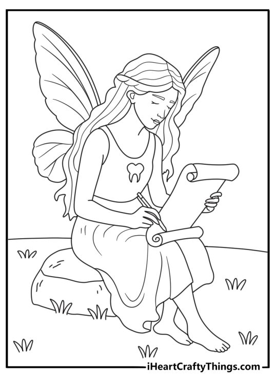 Simple printable Tooth Fairy coloring sheet with a tooth chart and pencil