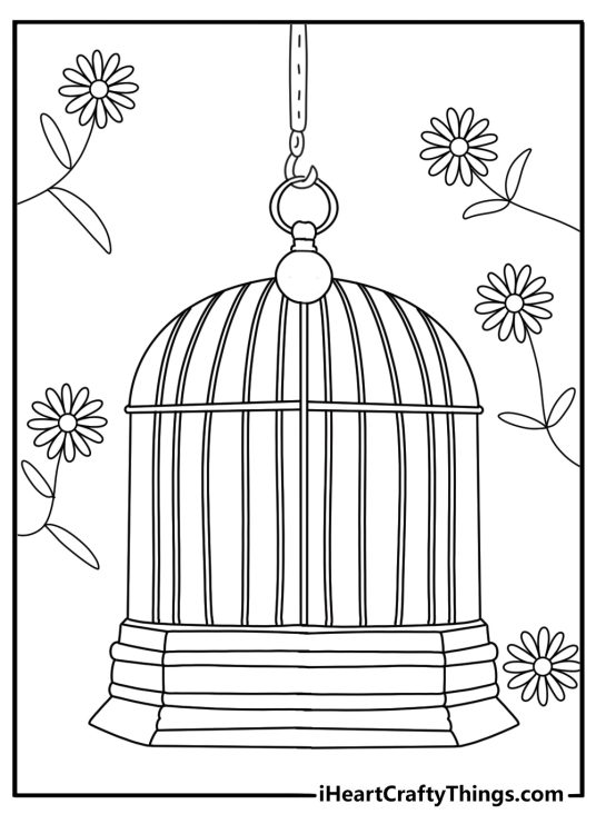 Simple vintage coloring page with a metal birdcage and flowers