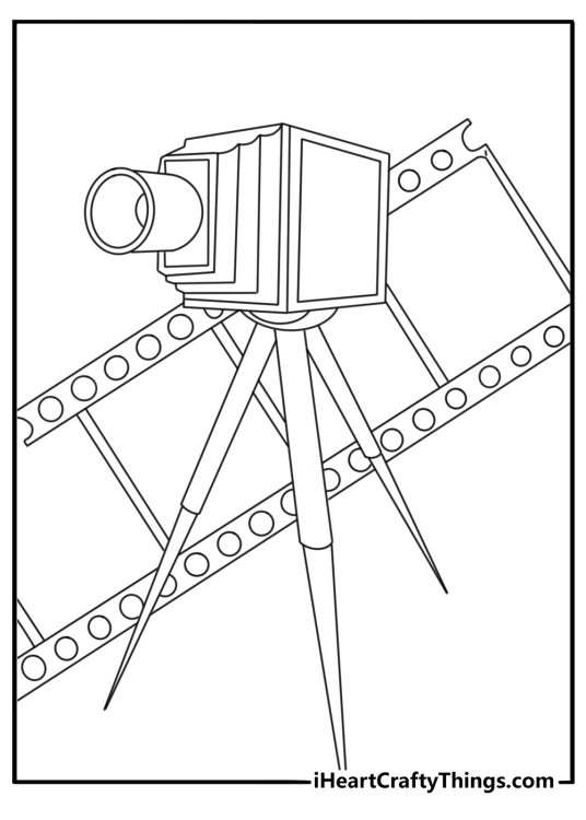 Simple vintage coloring page with an old camera on a tripod