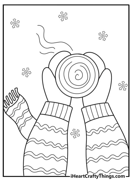 Sledding day cocoa break with scarf and mittens simple coloring sheet