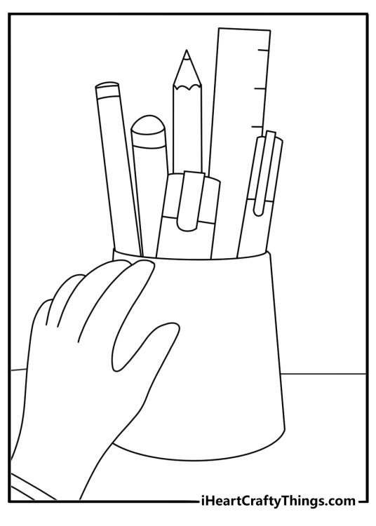 Teacher coloring page showing a leader organizing pencils and rulers