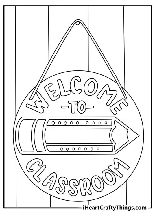 Teacher coloring pages printable featuring a classroom door with name sign
