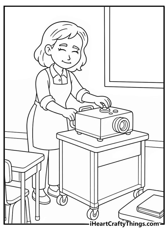Teacher coloring pages scene showing a teacher setting up a classroom projector